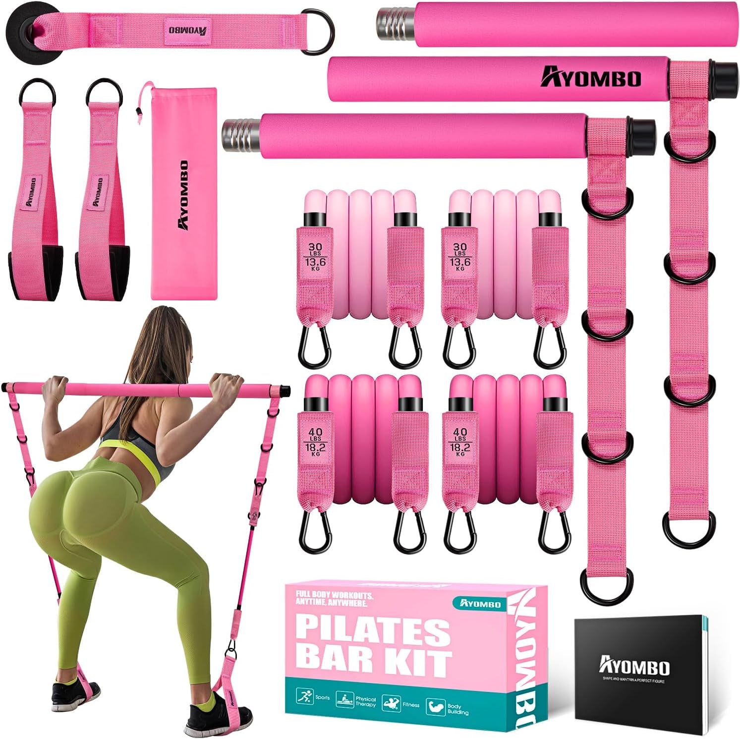 Pilates Equipment, Pilates Bar Kit with Resistance Bands for Women, Home Workout Equipment for Legs, Hip, Waist, Arm, Squats Exercise Equipment for Home, Adjustable 3-Section Pilates Bar Kit