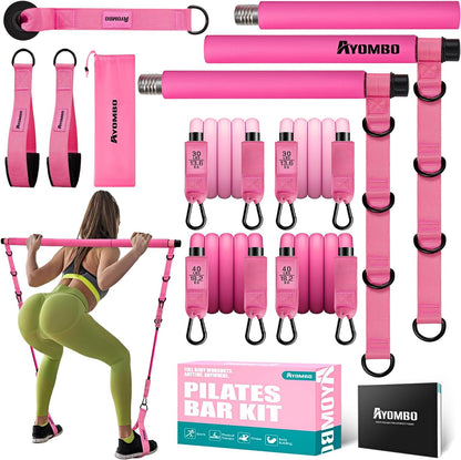 Pilates Equipment, Pilates Bar Kit with Resistance Bands for Women, Home Workout Equipment for Legs, Hip, Waist, Arm, Squats Exercise Equipment for Home, Adjustable 3-Section Pilates Bar Kit