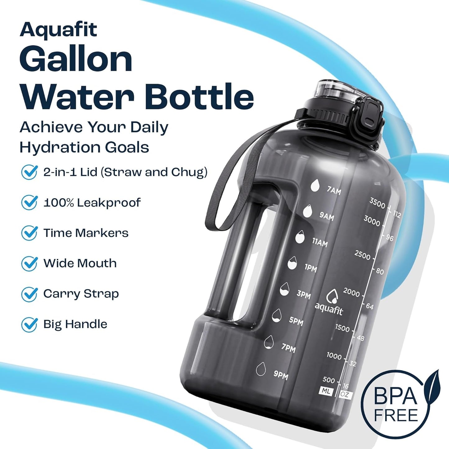 4 Litre Water Bottle with Straw - Water Bottle 4L with Time Marker - One Gallon Big Bottle with Straw - Large Bottle for Gym - 2-In-1 Lid, Dark Blue