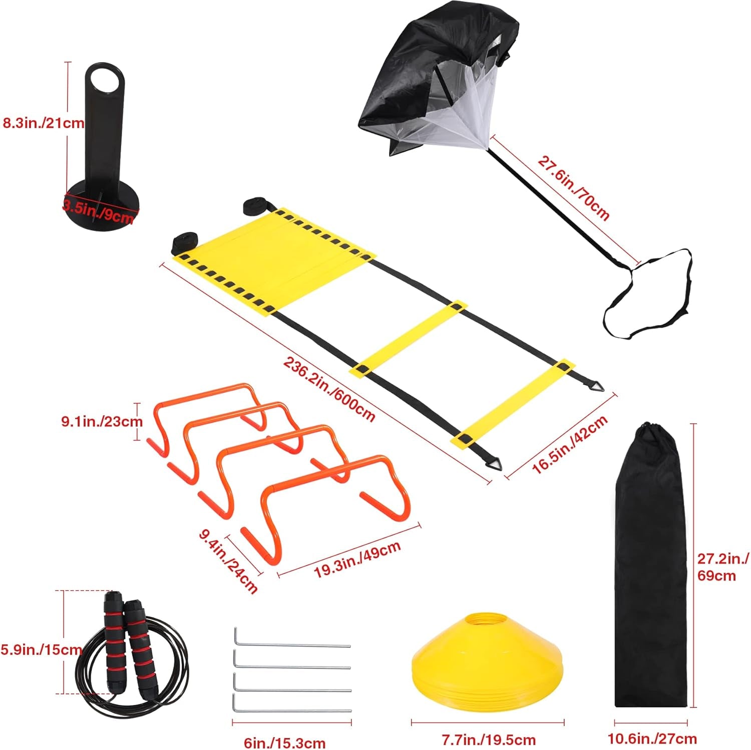 Agility Ladder Football Training Equipment - Includes Agility Ladder,Jump Rope, Agility Hurdles, Disc Cones,Soccer Training Equipment with Bag for Youth Adults