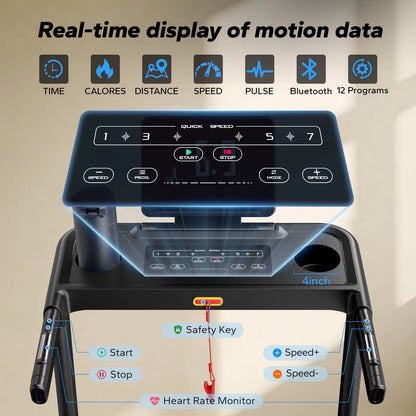 Foldable Treadmill T12 Incline 0.8-12Km/H Walking Pad save Space LED Display APP Heart Rate Monitoring 16.5" Wider Belt