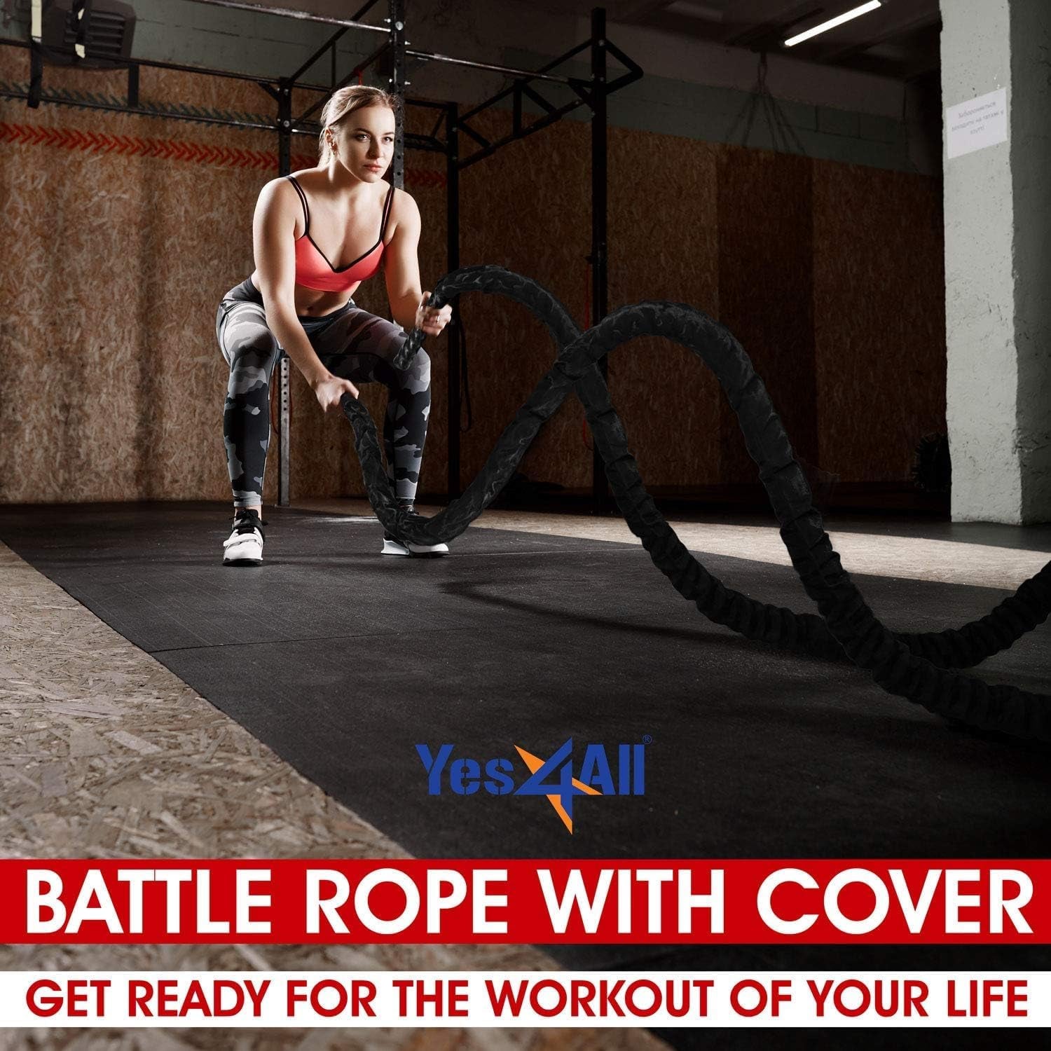 Battle Rope 9M/12M/15M Length, 38Mm/50Mm Diameter Poly Dacron Battle Exercise Training Rope with Protective Cover – Steel Anchor & Strap Included