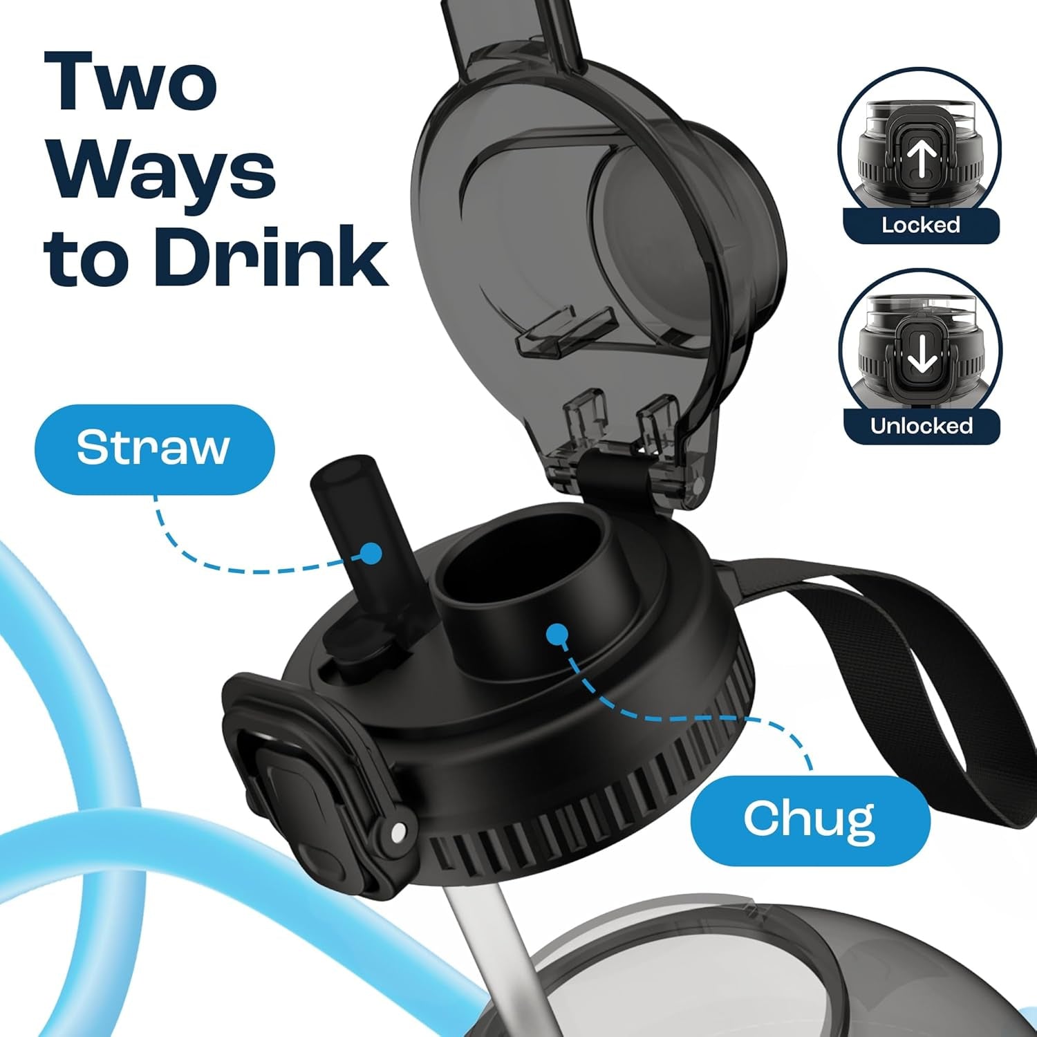 4 Litre Water Bottle with Straw - Water Bottle 4L with Time Marker - One Gallon Big Bottle with Straw - Large Bottle for Gym - 2-In-1 Lid, Dark Blue