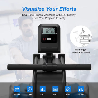 Water Rowing Machines 16 Levels of Quiet Resistance Foldable Compact Rowing Machine 350 LB Weight Capacity with Bluetooth