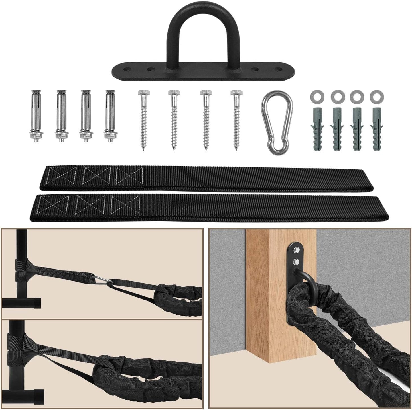Battle Rope 9M/12M/15M Length, 38Mm/50Mm Diameter Poly Dacron Battle Exercise Training Rope with Protective Cover – Steel Anchor & Strap Included