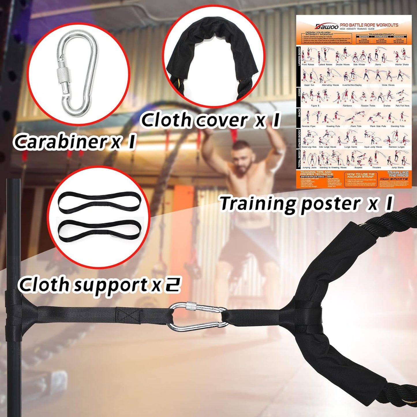 Battle Ropes 38Mm*9/12/15M with Protective Cover Heavy Exercise Rope for Home, Gyms Fitness, Strength Training, Crossfit and More