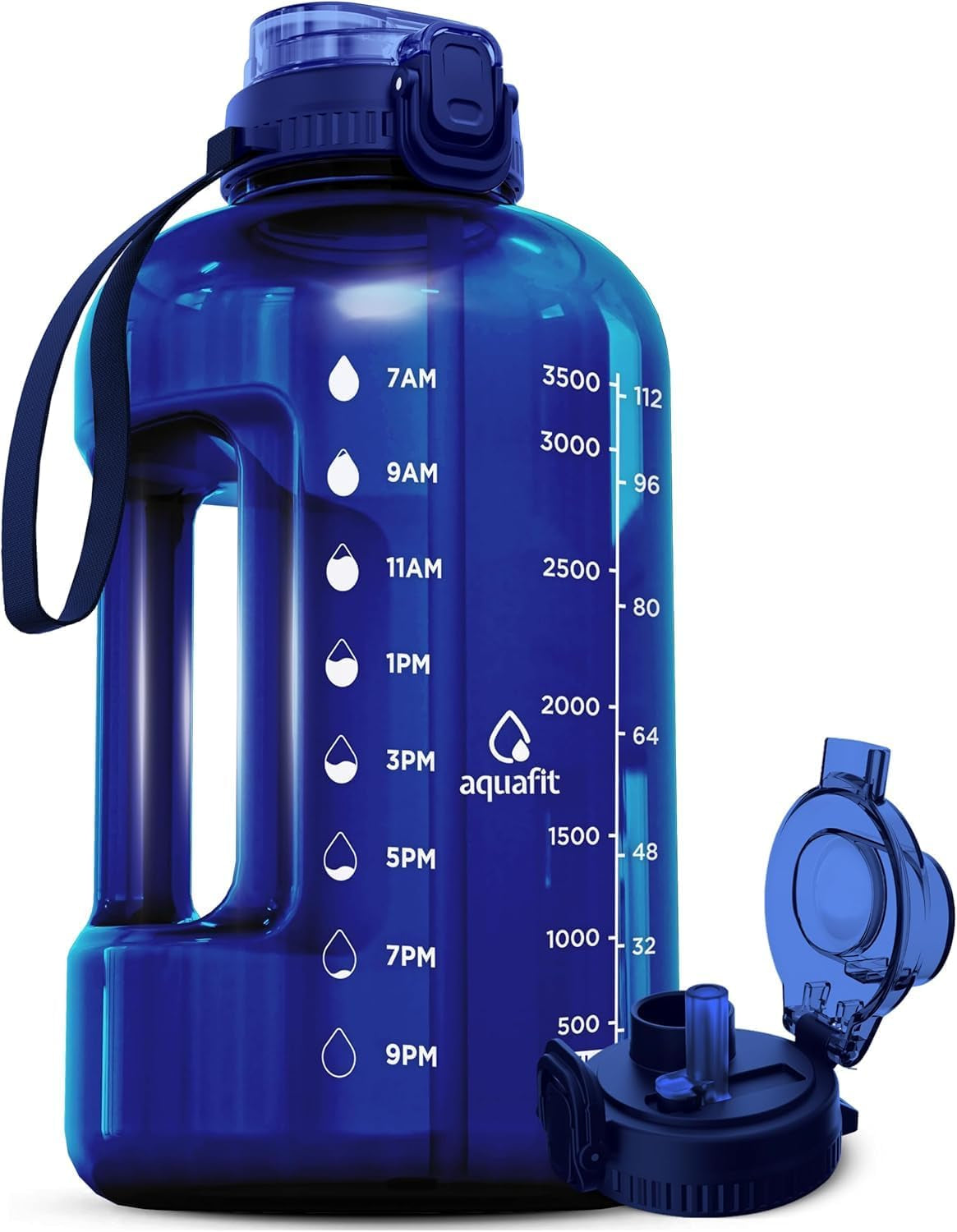 4 Litre Water Bottle with Straw - Water Bottle 4L with Time Marker - One Gallon Big Bottle with Straw - Large Bottle for Gym - 2-In-1 Lid, Dark Blue