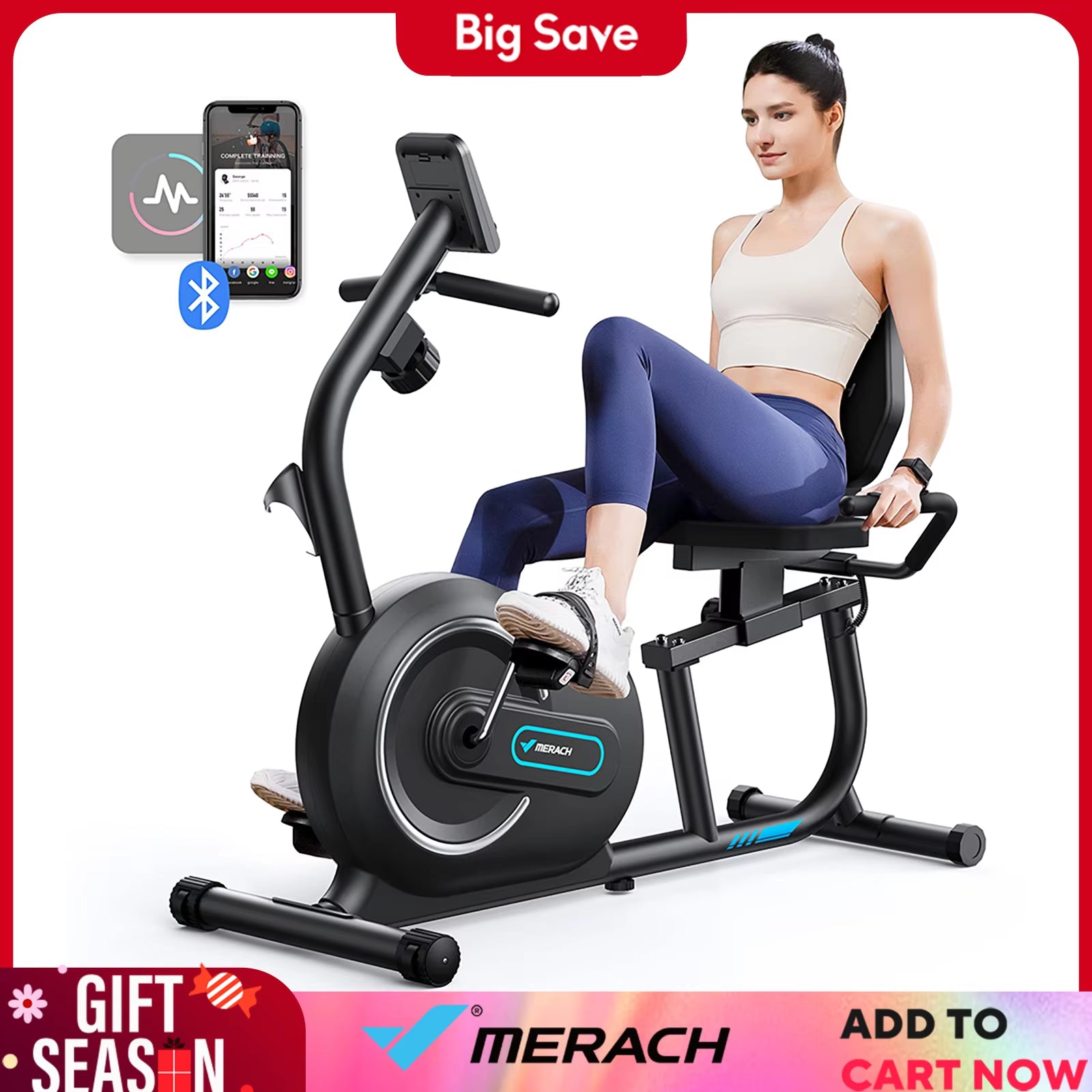 Recumbent Exercise Bike for Home Smart Bluetooth Exclusive App Connectivity LCD Heart Rate Handle Magnetic Recumbent Bike