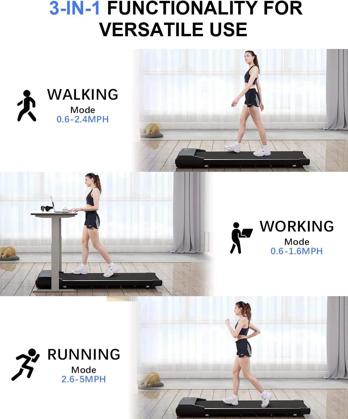 16.14 * 31.50 Inches Run Belt Walking Pad Treadmills, 1.2 HP 2.5 MPH-4 KPH Pad Treadmill 250 Lbs Capacity