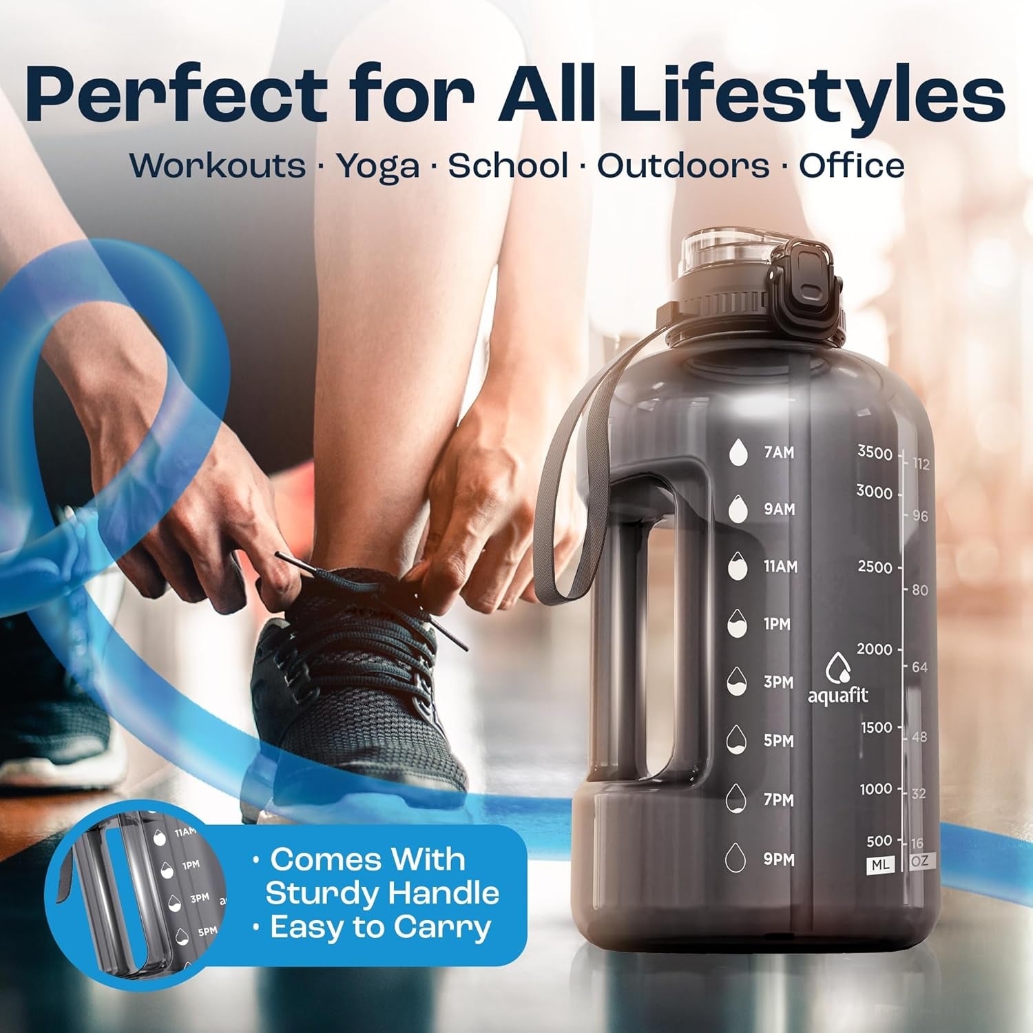 4 Litre Water Bottle with Straw - Water Bottle 4L with Time Marker - One Gallon Big Bottle with Straw - Large Bottle for Gym - 2-In-1 Lid, Dark Blue