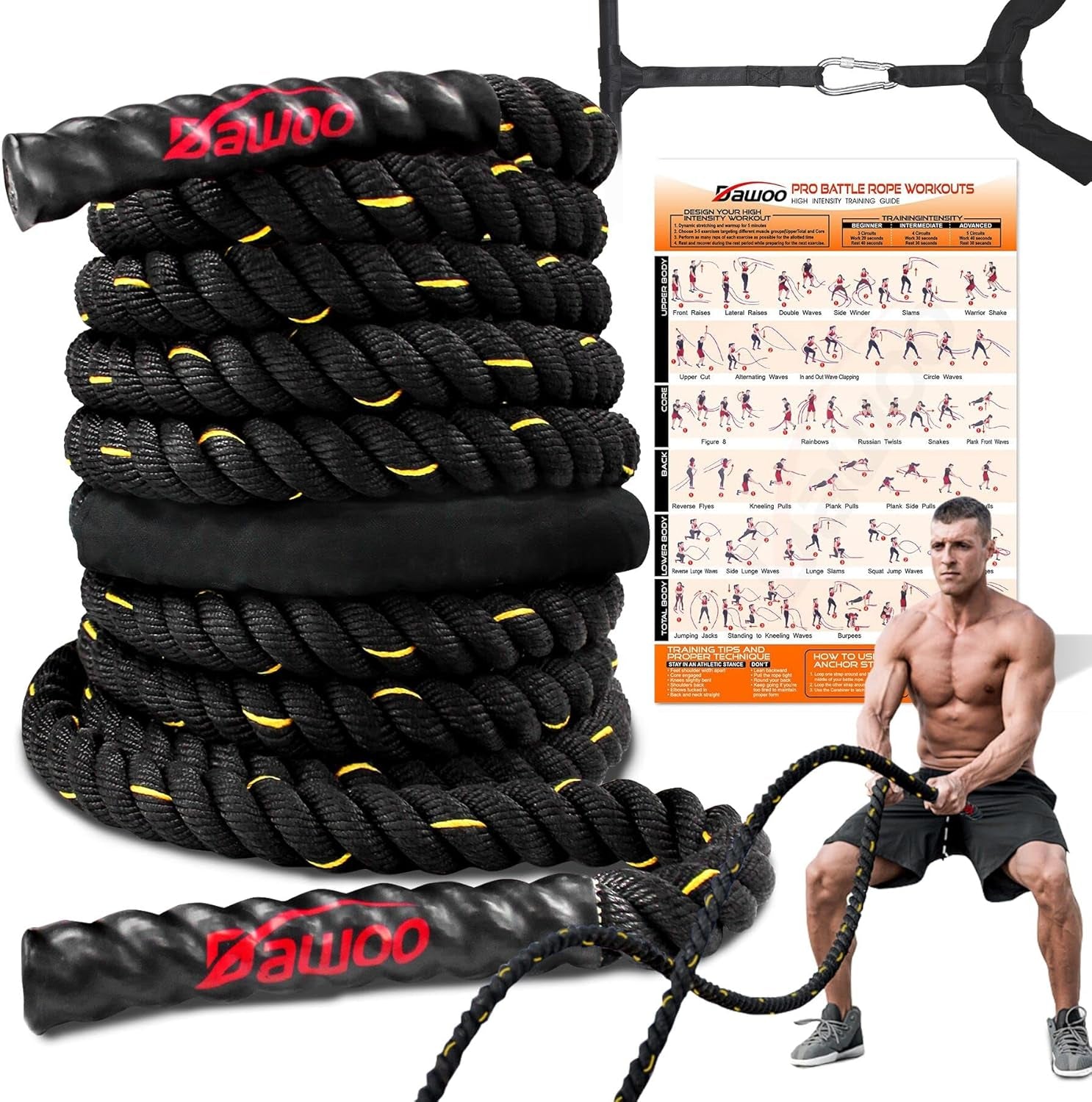 Battle Ropes 38Mm*9/12/15M with Protective Cover Heavy Exercise Rope for Home, Gyms Fitness, Strength Training, Crossfit and More