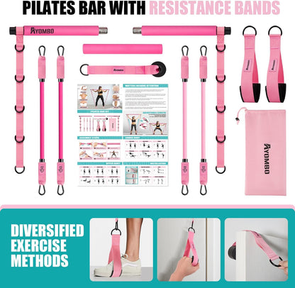 Pilates Equipment, Pilates Bar Kit with Resistance Bands for Women, Home Workout Equipment for Legs, Hip, Waist, Arm, Squats Exercise Equipment for Home, Adjustable 3-Section Pilates Bar Kit