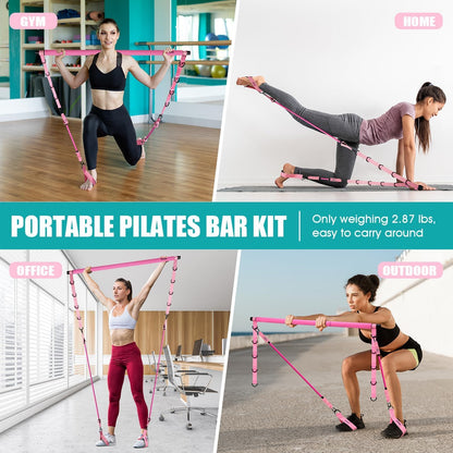 Pilates Equipment, Pilates Bar Kit with Resistance Bands for Women, Home Workout Equipment for Legs, Hip, Waist, Arm, Squats Exercise Equipment for Home, Adjustable 3-Section Pilates Bar Kit