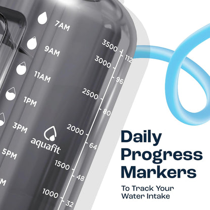 4 Litre Water Bottle with Straw - Water Bottle 4L with Time Marker - One Gallon Big Bottle with Straw - Large Bottle for Gym - 2-In-1 Lid, Dark Blue