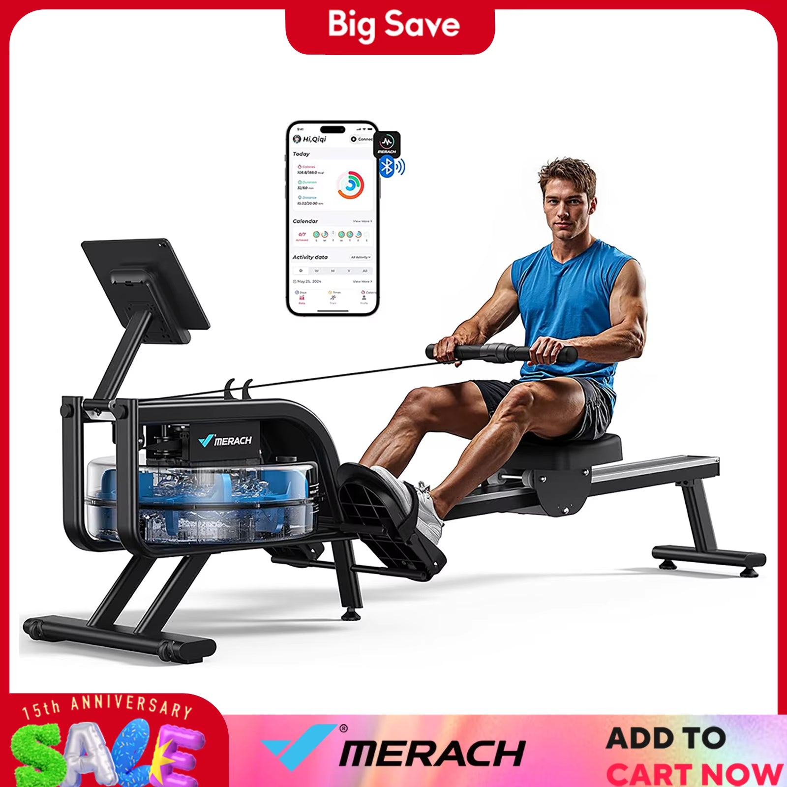 Water Rowing Machines 16 Levels of Quiet Resistance Foldable Compact Rowing Machine 350 LB Weight Capacity with Bluetooth